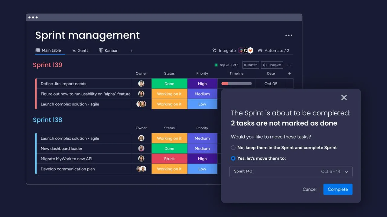 a sprint management board template in monday dev to track agile metrics. Colum for status, owner, timeline, and date.