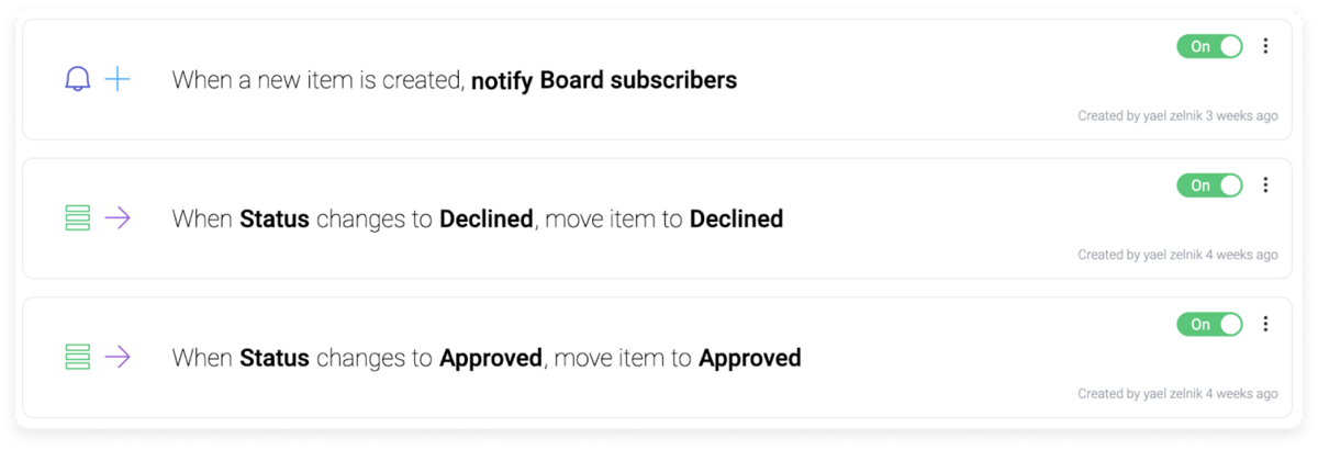 monday.com's status change automation recipe