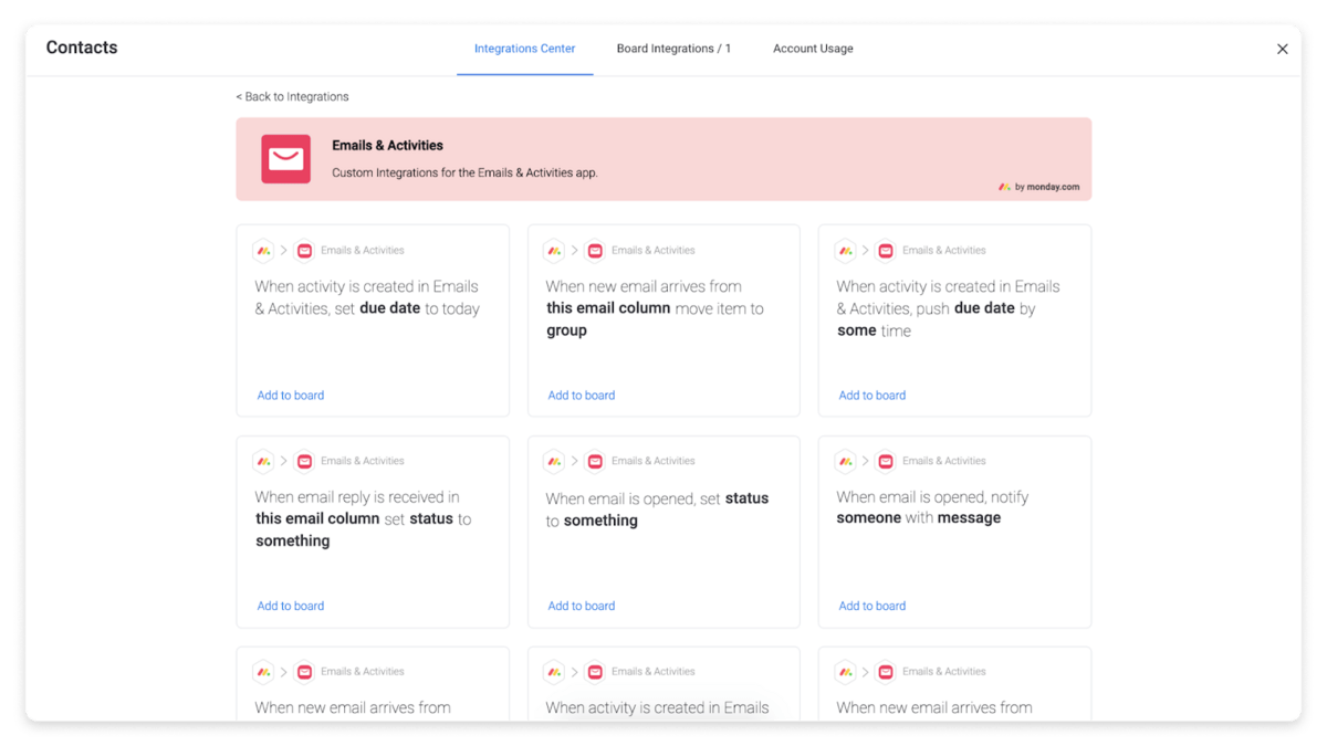 monday.com's email activities and apps