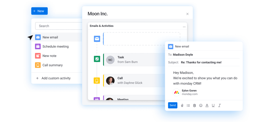 A screenshot highlighting communication features in monday sales CRM for startups. 